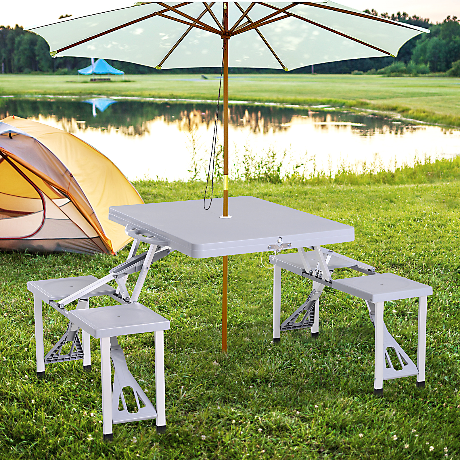 Outsunny Garden Aluminum Picnic Table&Bench Set Camping BBQ Foldable